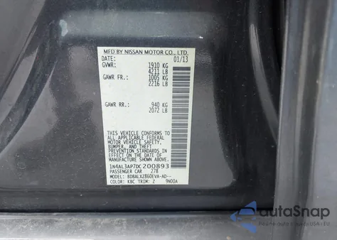 2013 Nissan Altima 2.5 Sl z USA, uszkodzony, nr VIN 1N4AL3AP7DC200893